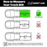 03-24 Dodge RAM truck bed measurement guide comparing 6.4ft (76.8"), 5.7ft (68.4"), and 8ft (96") bed lengths, instructing users to measure from bulkhead to tailgate.
